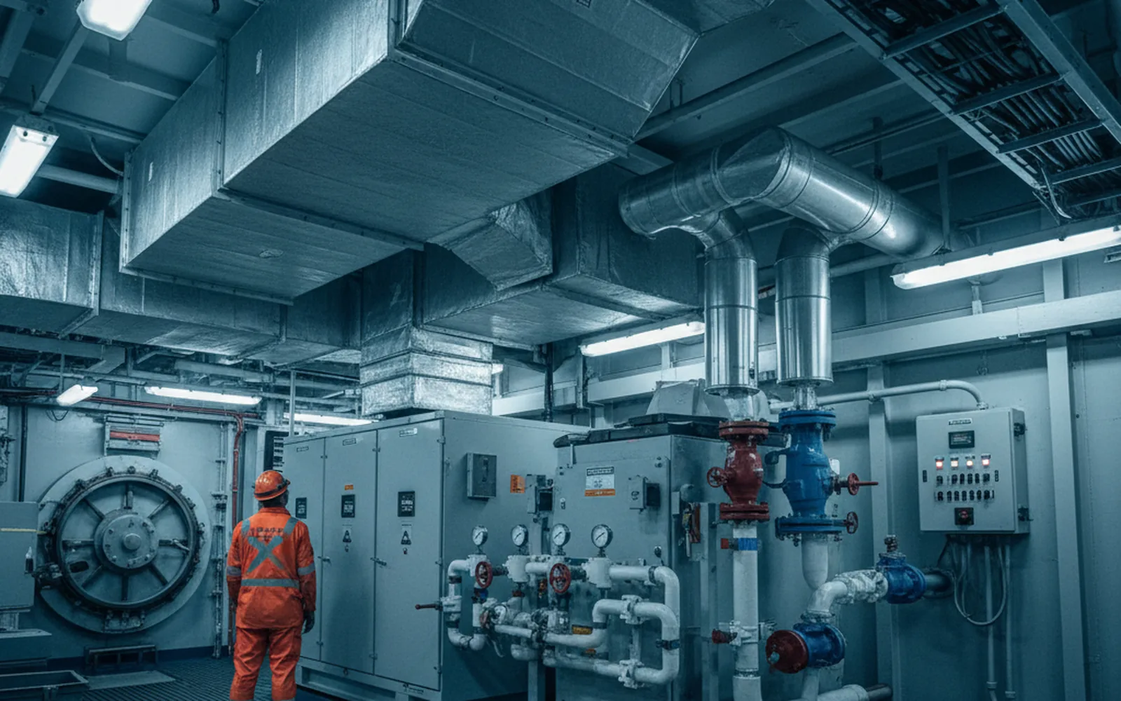 Prace przy instalacji HVAC, przemysłowe kanały wentylacyjne